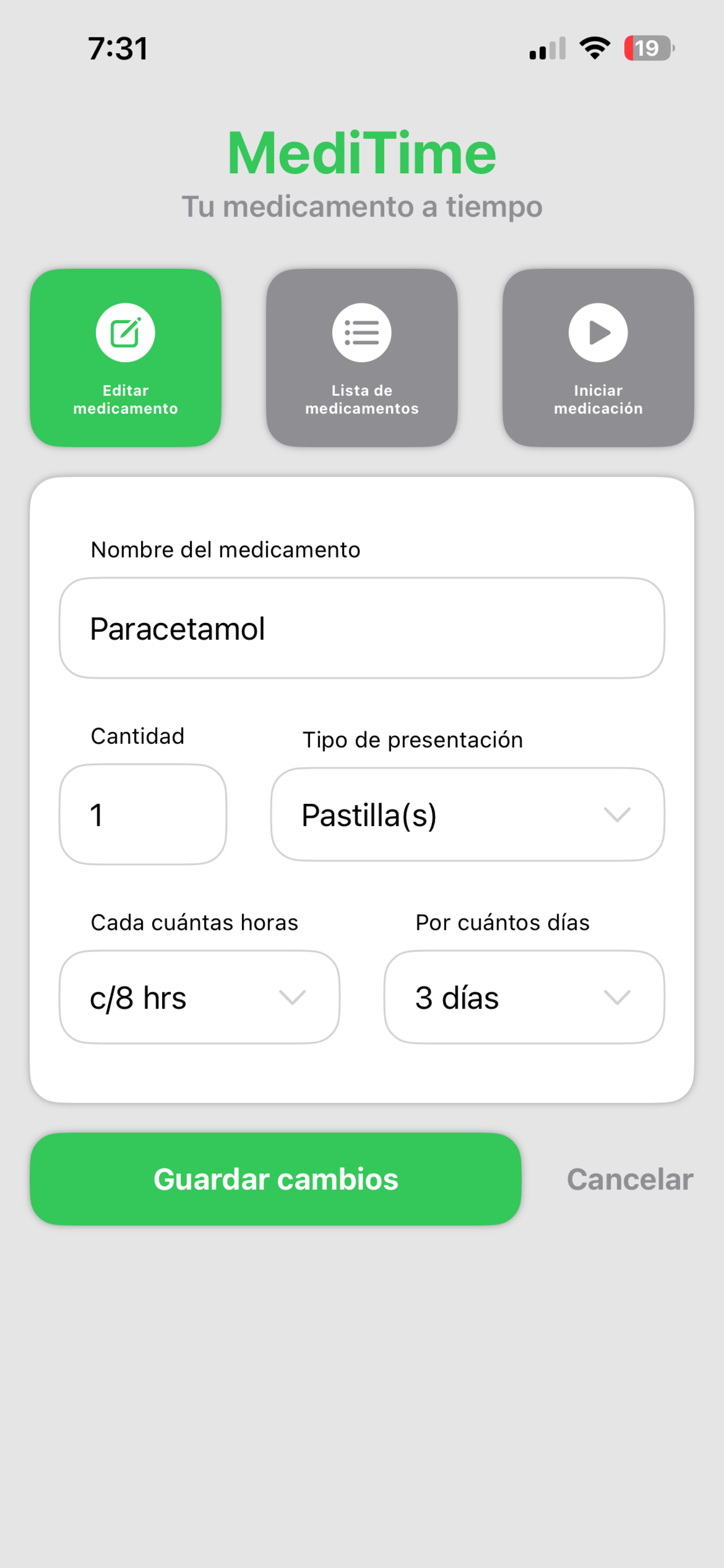 Pantalla principal de MediTime en modo claro