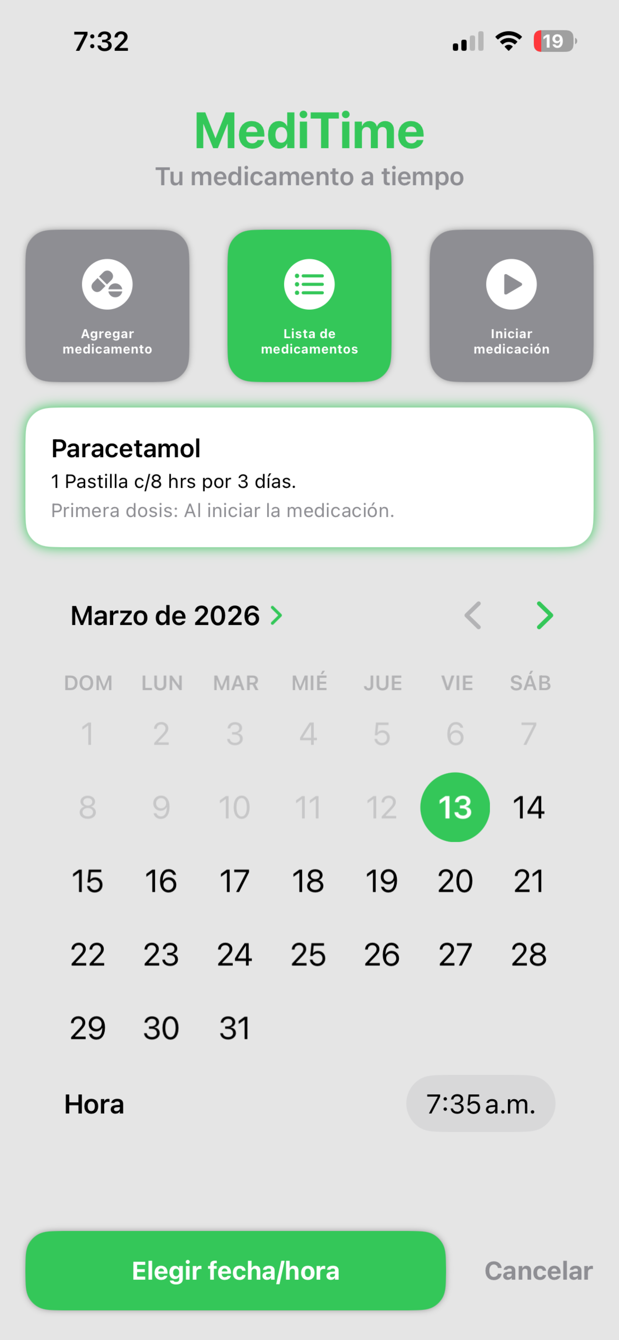 Edición de medicamento en MediTime en modo claro