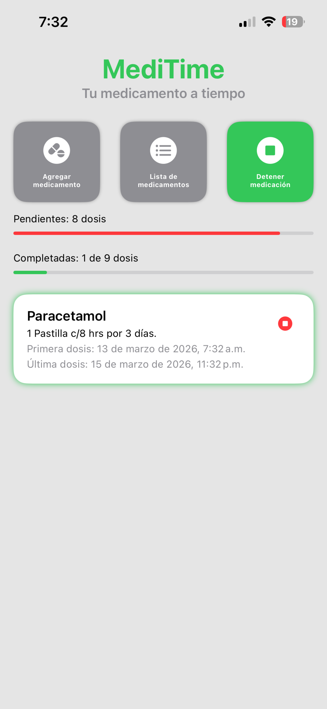 Calendario y selección de fecha en MediTime en modo claro