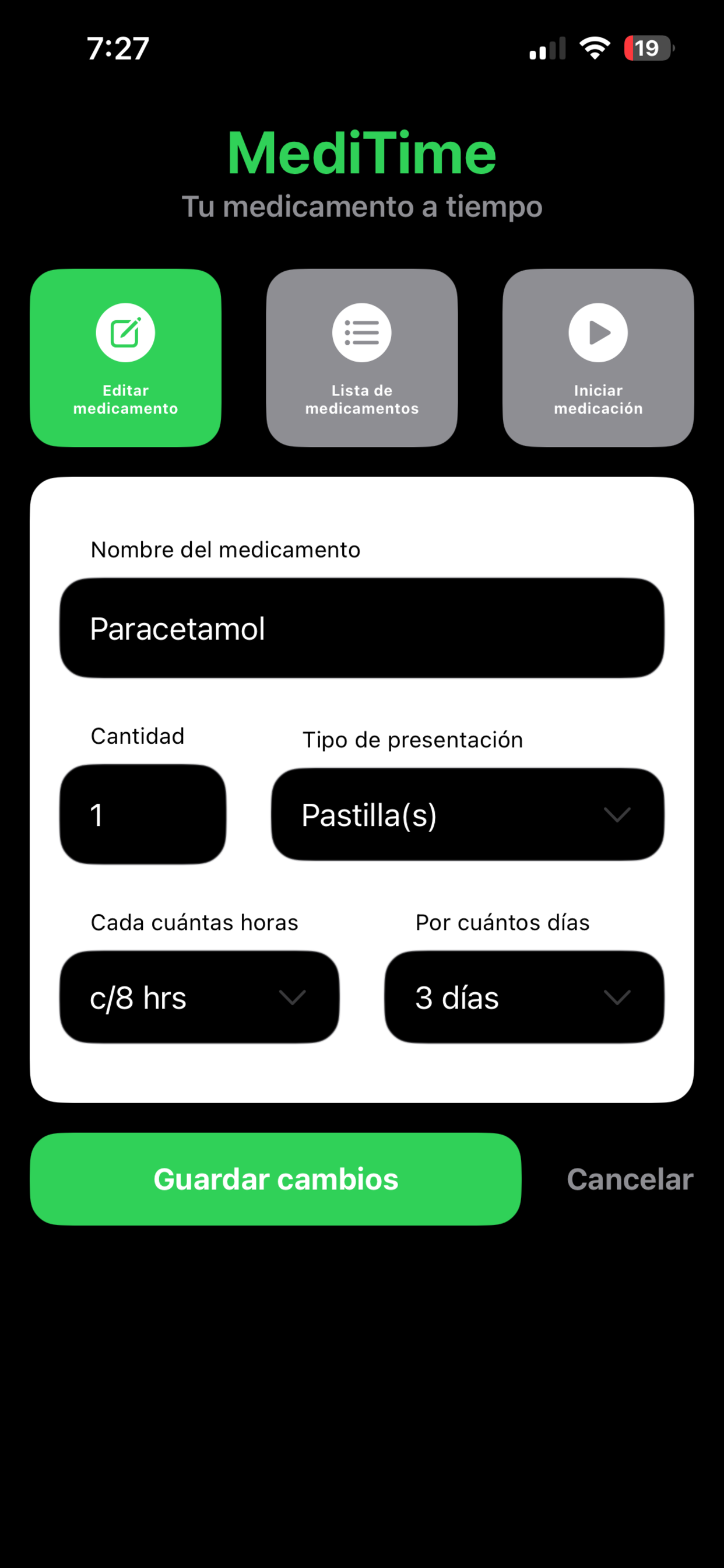 Edición de medicamento en MediTime en modo oscuro