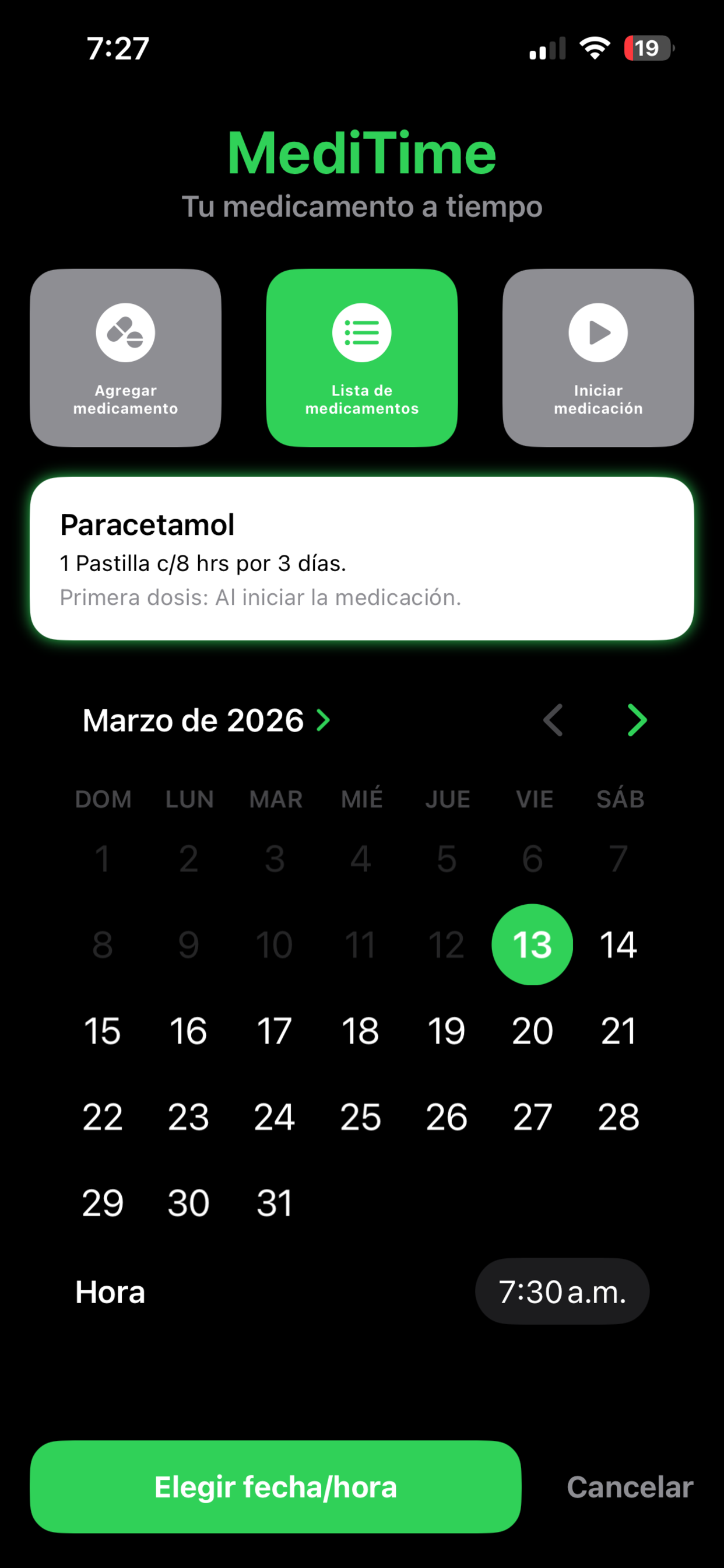 Calendario y selección de fecha en MediTime en modo oscuro