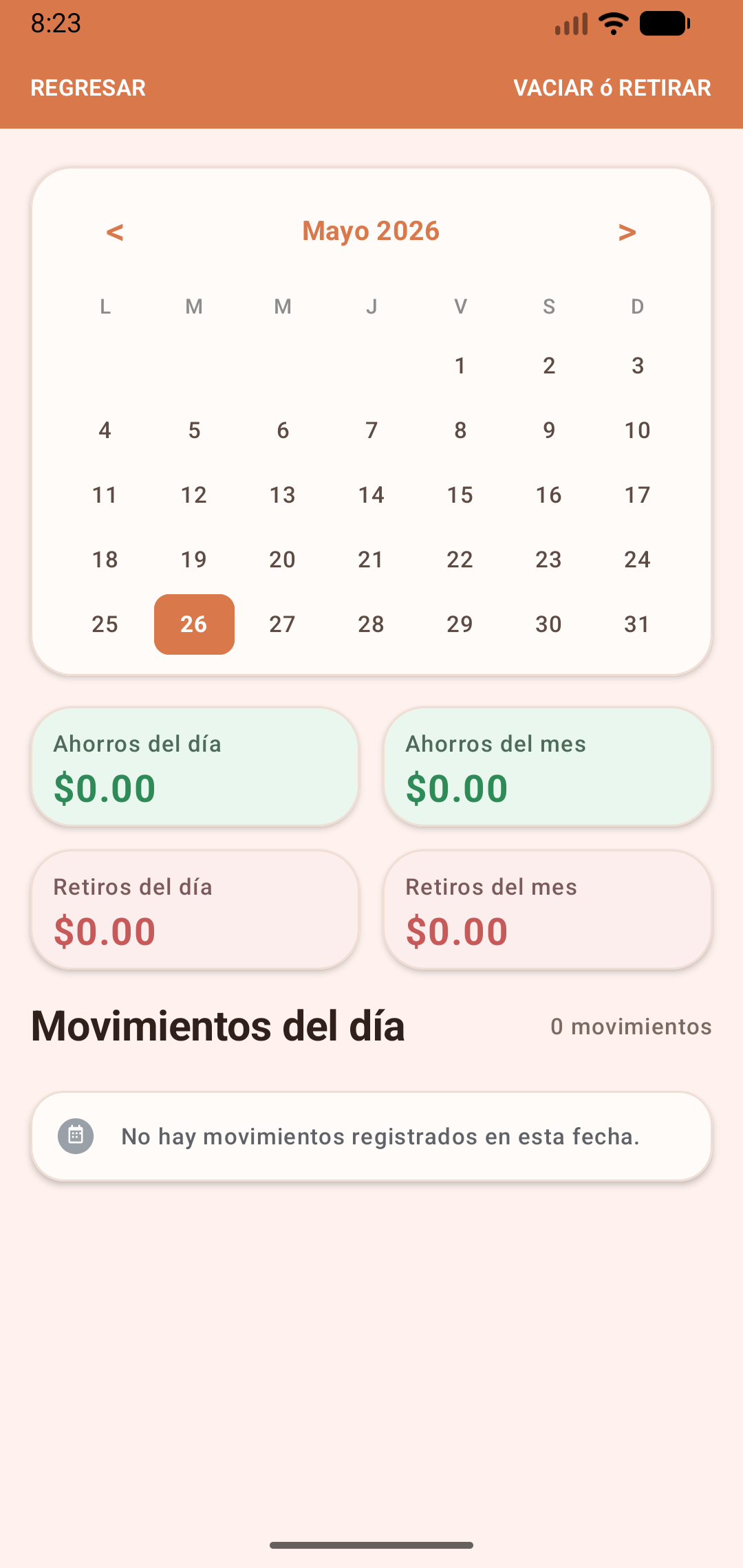 Pantalla de calendario de Mi Alcancía en modo claro