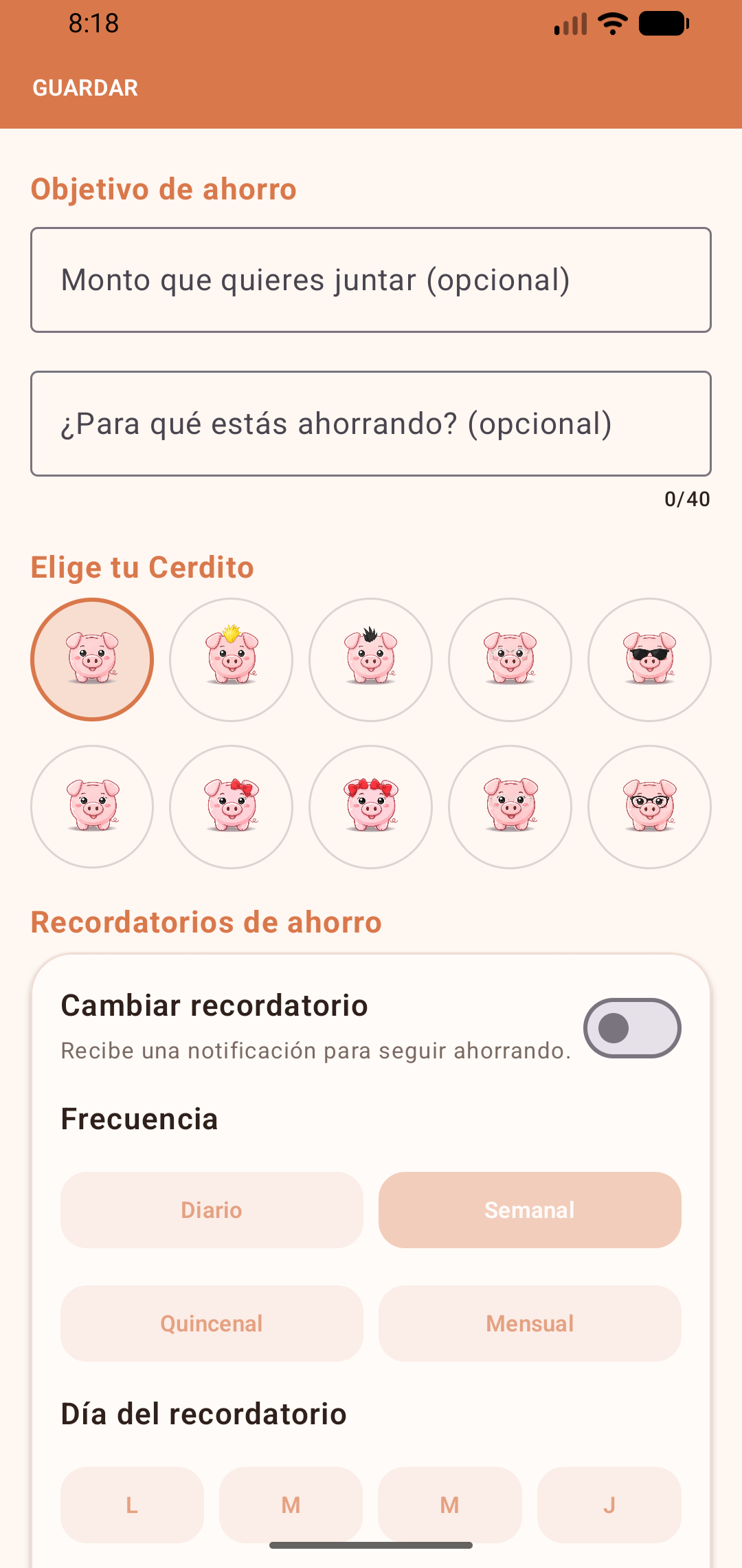 Pantalla de configuración de Mi Alcancía en modo claro
