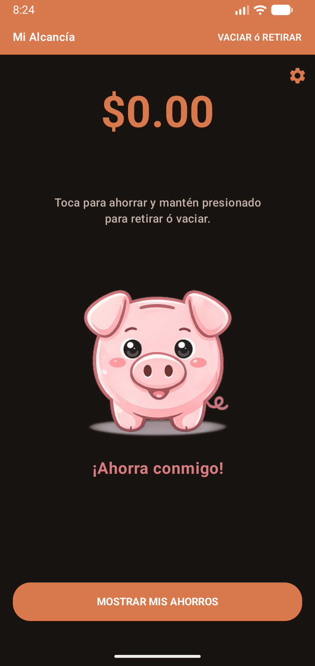 Pantalla principal de Mi Alcancía en modo oscuro