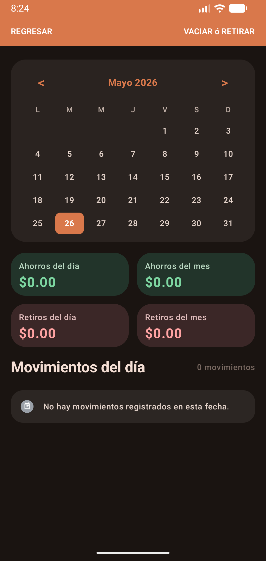Pantalla de calendario de Mi Alcancía en modo oscuro