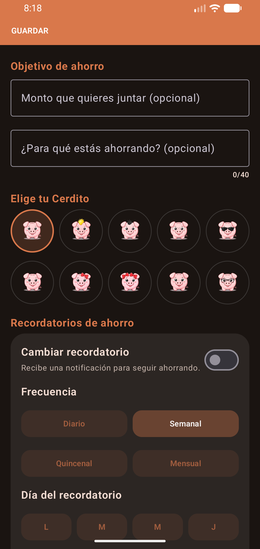 Pantalla de configuración de Mi Alcancía en modo oscuro